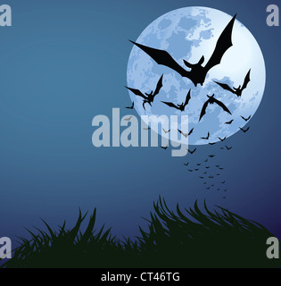 Illustrations de soir de l'halloween avec des chauves-souris volant au-dessus de lune bleue Banque D'Images