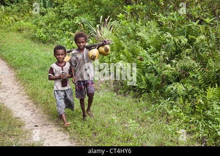 L'Indonésie, la Papouasie-Nouvelle-Guinée, l'île de Kitava. Deux jeunes garçons marchant dans la tenue de route de coco et un moucherolle brillant. Banque D'Images