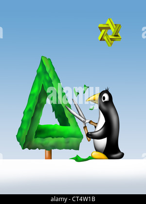 Illustration d'un pingouin, un arbre de Noël impossible de fraisage Banque D'Images