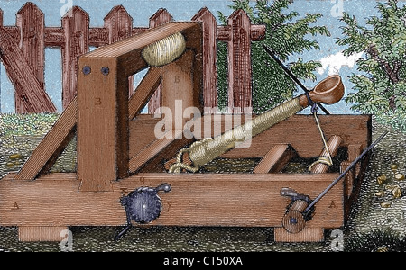 Une catapulte utilisée par l'armée romaine pendant ses campagnes militaires. Gravure en couleur. 19e siècle. Banque D'Images