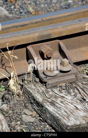 Voie ferrée sur des traverses en bois au dépôt du Chemin de fer à vapeur des Trois Vallées à Mariembourg, Belgique Banque D'Images