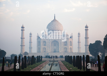 Taj Mahal, Agra, Uttar Pradesh, Inde dans de doux rose lumière du matin Banque D'Images