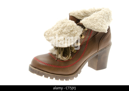 Womens boots en cuir avec un brassard poilu - studio photo avec un fond blanc Banque D'Images