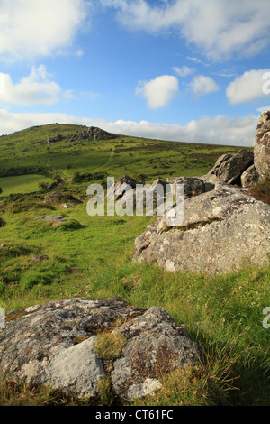 Tor Bell, près de Widecombe, vue de Bonehill roches, Dartmoor, Devon, England, UK Banque D'Images