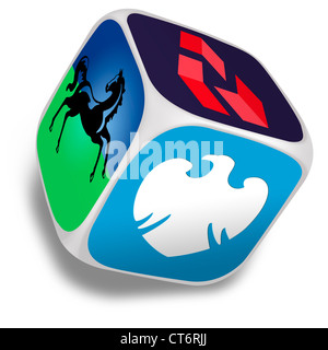 Dés de logos de Lloyds TSB, Barclays et Natwest banques sur chaque face visible Banque D'Images