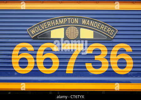 Plaque signalétique d'Europorte GBRf diesel locomotive électrique de la classe 66 66736 Wolverhampton Wanderers. Banque D'Images