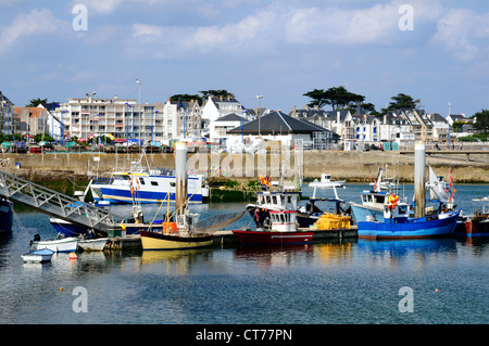 Bateaux de pêche dans le port Maria et bâtiments en arrière-plan, à Quiberon dans le morbihan en Bretagne en France Banque D'Images