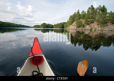 Canoë sur un lac tranquille en Suède Banque D'Images