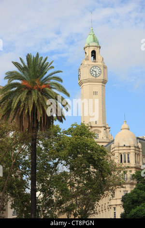 Palmiers et la tour de l'horloge de l'édifice législatif de la ville de Buenos Aires, Argentine Banque D'Images