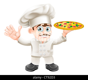 Cartoon happy waving italien pizza chef avec moustache frisée Banque D'Images