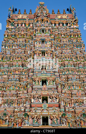 Détail de la tour. Sri Meenakshi Temple. Madurai. Tamil Nadu. L'Inde Banque D'Images