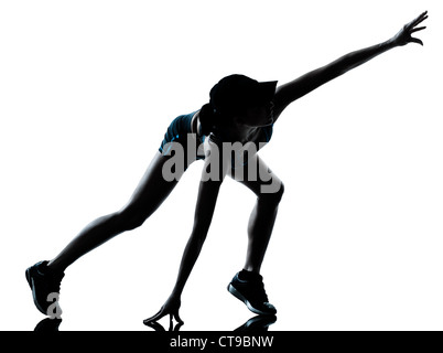 Un caucasian woman runner jogger souche musculaire crampon blessures physiques à jambes en silhouette studio isolé sur fond blanc Banque D'Images