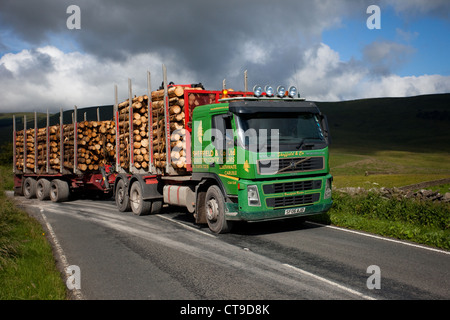 Logging Truck & Trailer 'chambres' Maisons haut  Snaizeholme Forêt sciage dans des plantations d'Widdale off, Hawes dans le Nord du Yorkshire, UK Banque D'Images