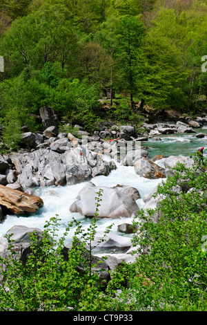Clair comme de l'eau Canoë Canoë blanc,vert,naturel,les vallées de l'environnement, la vallée de la rivière Verzasca Tessin,Alpes,Suisse, Banque D'Images