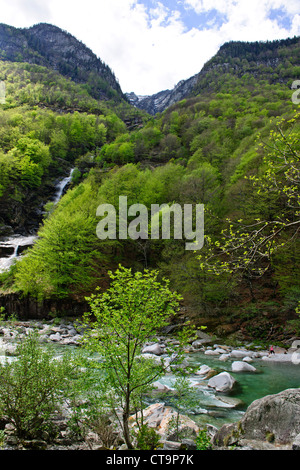 Clair comme de l'eau Canoë Canoë blanc,vert,naturel,les vallées de l'environnement, la vallée de la rivière Verzasca Tessin,Alpes,Suisse, Banque D'Images