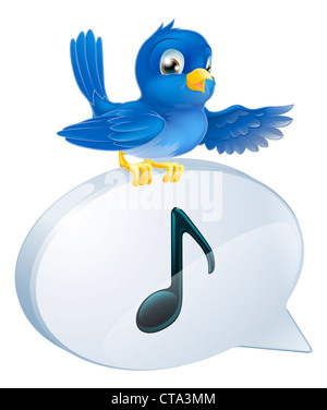 Illustration d'un mignon bluebird Comité permanent note musicale bulle et chanter ou de tweeter Banque D'Images