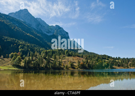 Vue sur le lac de montagnes à Lautersee, Mittenwald, Bavière, Allemagne Banque D'Images