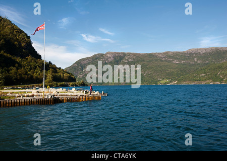 Femme debout à la fin d'un débarcadère, regardant la mer, Fjord, près de Odda, Sundal Folgefonna, parc national, paysage Banque D'Images