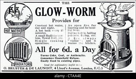 Vintage des années 1920 Publicité imprimée à partir de l'anglais de la publicité magazine GLOW-WORM cuisinière pour la cuisson et le chauffage Banque D'Images