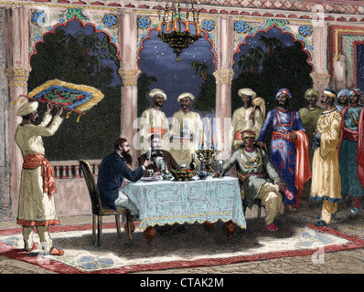 L'Inde. Époque coloniale britannique. Banquet au palais des rais dans Mynere. Gravure par Hildibrand. De couleur. Banque D'Images