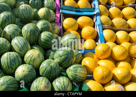 Les Melons sur une échoppe de marché. Londres, Angleterre Banque D'Images