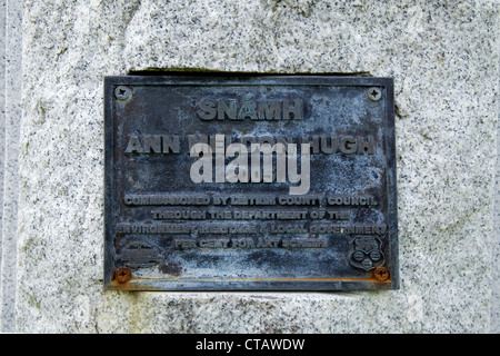 Plaque de bronze du nageur Ann Meldon Hugh sous statue de Sa dans Dromsna, County Leitrim, Ireland. Banque D'Images