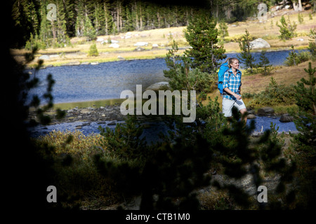 Jeune femme de la randonnée à travers la merveilleuse nature dans le Tioga Pass, Yosemite National Park, California, USA Banque D'Images