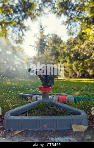 Sprinkleur automatique de l'eau utilisée pour l'irrigation des pelouses d'herbe sur une journée très chaude. Banque D'Images