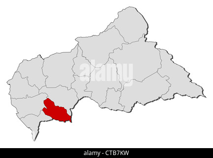 Carte politique de la République centrafricaine avec plusieurs préfectures de la Lobaye où est mis en évidence. Banque D'Images