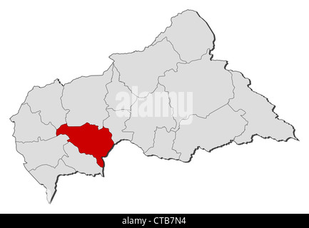 Carte politique de la République d'Afrique Centrale avec plusieurs préfectures où l'Ombella-M'Poko est mis en évidence. Banque D'Images