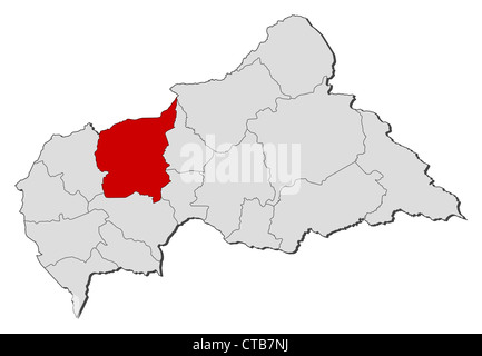 Carte politique de la République d'Afrique Centrale avec plusieurs préfectures de l'Ouham où est mis en évidence. Banque D'Images
