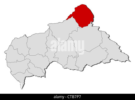 Carte politique de la République d'Afrique Centrale avec plusieurs préfectures où Vakaga est mis en évidence. Banque D'Images