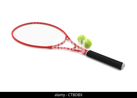 Raquette de tennis rouge avec deux boules isolé sur fond blanc Banque D'Images