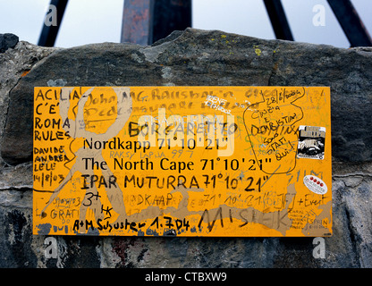 Nordkapp, Norvège, signe sur globe en acier Banque D'Images