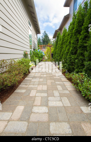 Chemin de ronde jardin pavés avec aménagement paysager et éclairage Arbor Banque D'Images