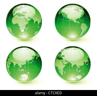 Vector illustration de Green Globes Carte Terre brillant différents angles Banque D'Images