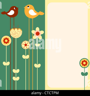 Illustration Vecteur de retro design fleuri carte de souhaits avec deux des oiseaux de style rétro Banque D'Images