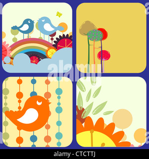 Illustration Vecteur de retro design fleuri cartes de voeux avec les oiseaux, arbres et arc-en-ciel. Banque D'Images