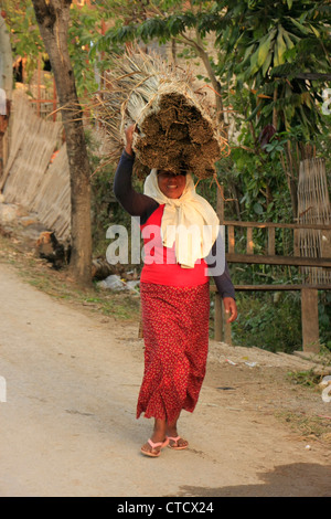 Femme birmane reed sur sa tête, au lac Inle, l'État de Shan, Myanmar, en Asie du sud-est Banque D'Images