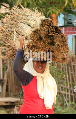 Femme birmane reed sur sa tête, au lac Inle, l'État de Shan, Myanmar, en Asie du sud-est Banque D'Images