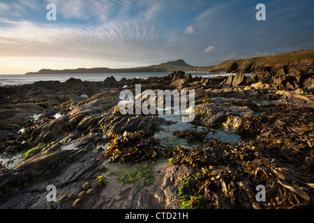 Coucher de soleil sur les rochers sur Porthselau Beach à la direction St David's Head, Pembrokeshire, Pays de Galles Banque D'Images