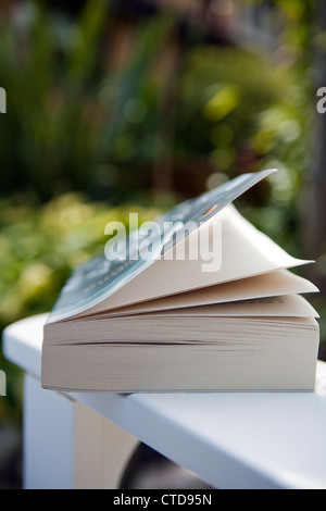 Livre ouvert posé sur le bras d'un fauteuil de jardin.L'accent peu profond de l'image. Banque D'Images