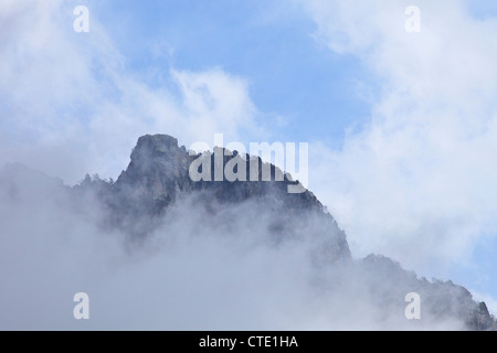 Falaises et forêt dans la brume, de la vallée de l'Engadine, Alpes Suisses, Suisse Europe Banque D'Images