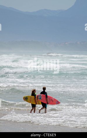 Les surfeurs sur la Côte des Basques, Biarritz plage au coucher du soleil Banque D'Images