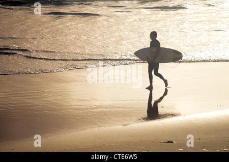 Surfer dans la Côte des Basques, Biarritz plage au coucher du soleil Banque D'Images
