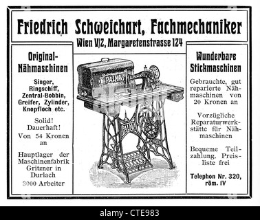 Publicité vintage autrichien : machines à coudre Vente et réparation Banque D'Images