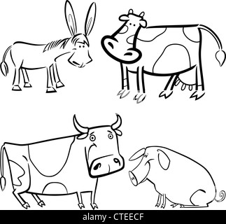 Cartoon illustration des quatre mignons petits animaux de ferme définie pour Coloring Book Banque D'Images