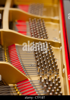 Plus d'intérieur de grand piano montrant les cordes, chevilles, carte-son avec l'accent sur une section Banque D'Images