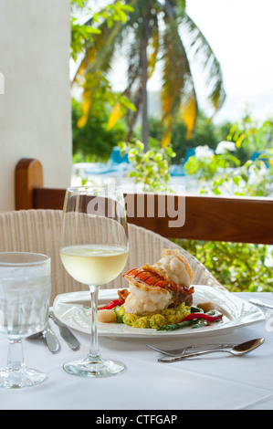 Caraïbes Antilles Nevis Mount Nevis Hotel - le homard servi sur risotto - restaurant de fine cuisine vin blanc alimentaire Banque D'Images