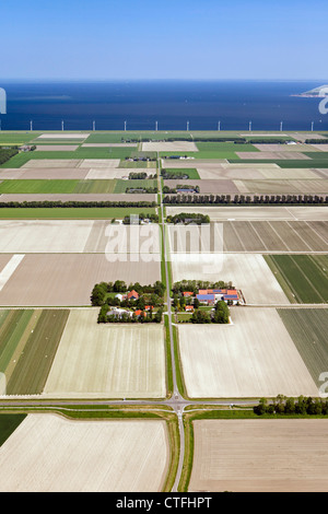 Les Pays-Bas, Nagele, de fermes et de terres agricoles de Flevopolder. Vue aérienne. Banque D'Images